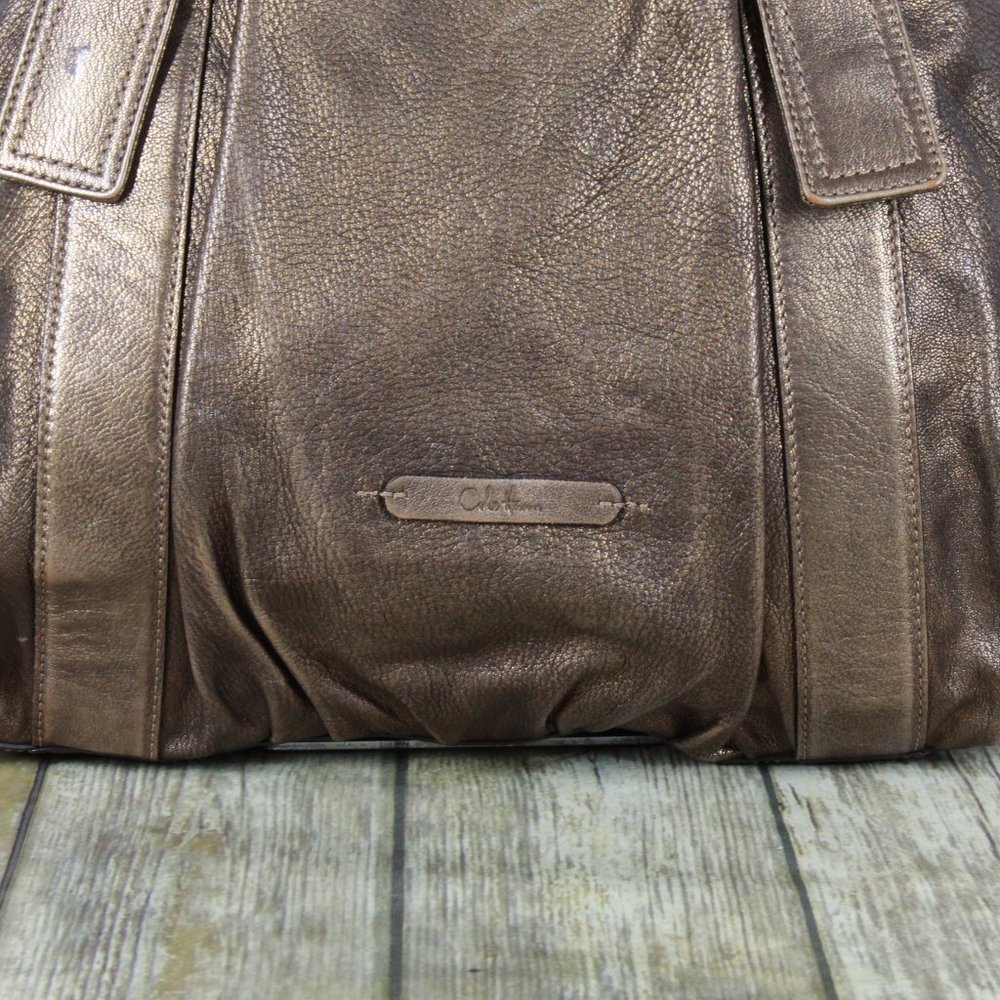 Cole Haan Gold Brown Leather Brass Buckle Double Handles Tote Shoulder Bag - Picture 7 of 12